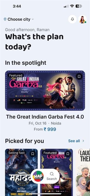 The HAP app home screen on a phone: a greeting, "What’s the plan today?", and a featured event card for The Great Indian Garba Fest 4.0 in Noida, with more events below under "Picked for you".