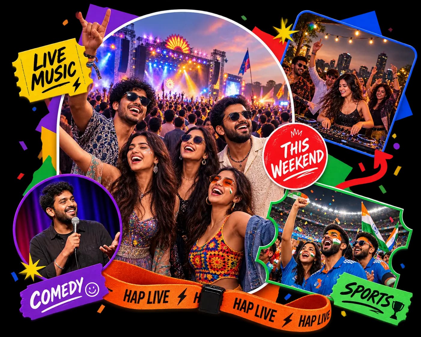 A festival crowd cheering at a live show, a DJ set at night, a stand-up comedian mid-set, and cricket fans celebrating, framed with Live Music, Comedy, Sports and This Weekend event tags.